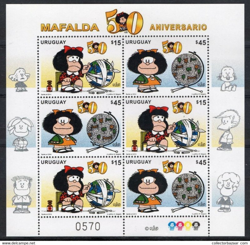 2014 URUGUAY MNH Sheet Quino illustrator Mafalda satirical cartoon world heal...