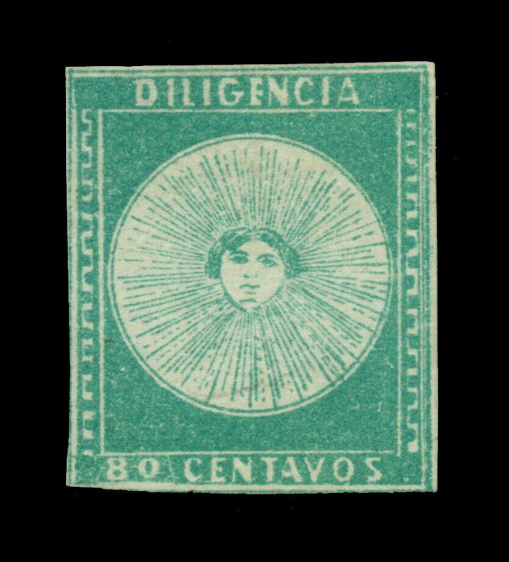 URUGUAY 1856  DILIGENCIAS  80c green  - Pos. 14 -  Scott # 2  MINT MH - Scarce