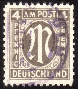 1945 Germany, American-British Occ. (Bizone) 4pfg, Used, Sc 3N3a, Mi 2z