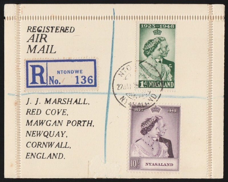 NYASALAND 1948 KGVI Silver Wedding set registered airmail cover. To England. 