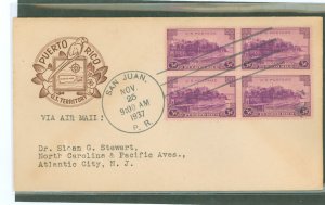 US 801 1937 3c Puerto Rico (part of the US Possessions series) block of four, on an addressed first day cover with a House of Fa