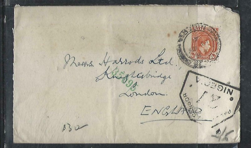 NIGERIA  (P2808BB)   KGVI 2 1/2D  CENSOR COVER TO ENGLAND