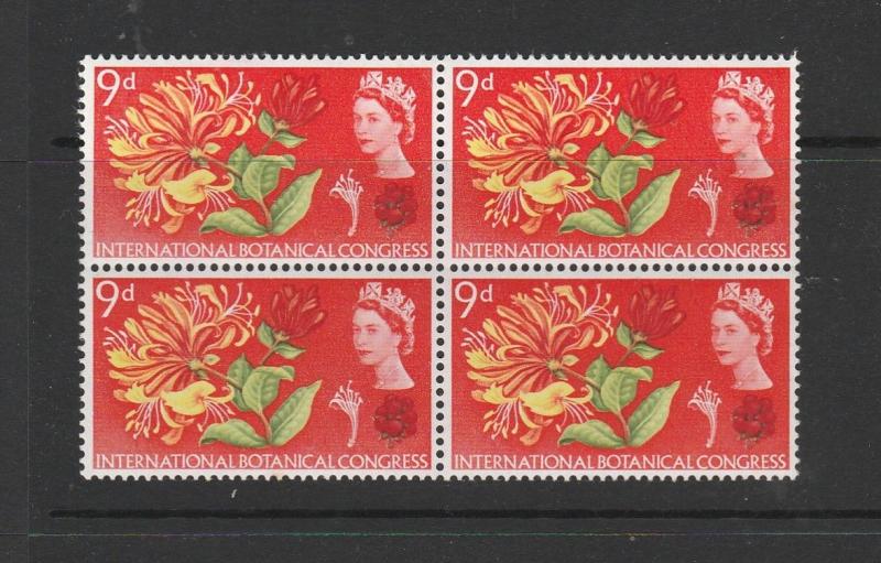 GB 1964 Botanical 9d Ord,Variety, Line thru INTER,UM/MNH block 4, Concise listed