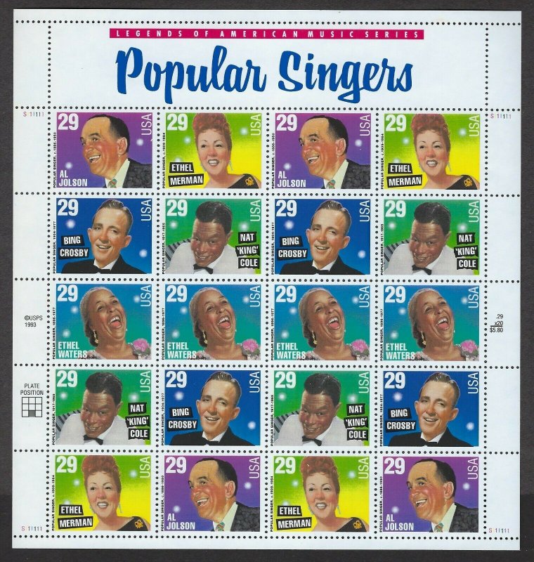 U.S.#2849-53  MUSIC POPULAR SINGERS  MINT, VF, NH   FULL SHEET @ FACE VALUE!