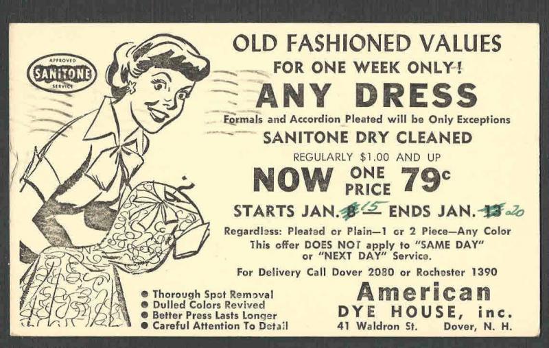 DATED 1951 PC DOVER NH AMERICAN DYE HOUSE DRY CLEANS DRESSES FURS ETC