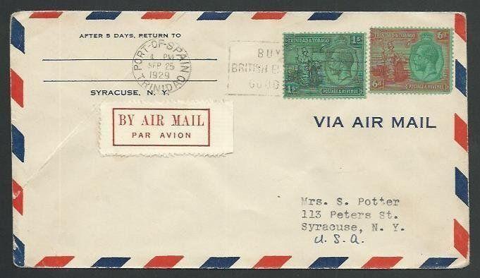 TRINIDAD 1929 1/6d rate airmail cover to USA, BUY BR EMPIRE GOODS slogan...59947