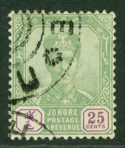 SG 47 Johore 1896. 25c green & mauve. Fine used CAT £50