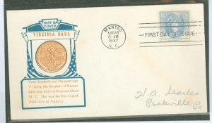 US 796 1937 5c Virginia Dare Commemorative (single) on an addressed FDC with an loor cachet