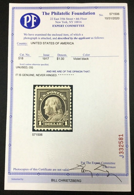 US STAMPS #518 MINT OG NH CHOICE POST OFFICE FRESH **PF CERTIFICATE** LOT #84147