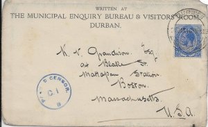 Durban, South Africa to Boston, Ma 1943 Censored (C5512)
