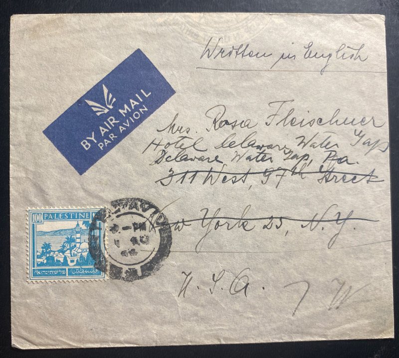 1944 Tel Aviv Palestine Airmail cover To New York USA No Censor 