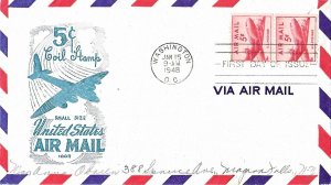 1948 Air Mail FDC, #C37, 5c DC-4, Ioor, vertical pair