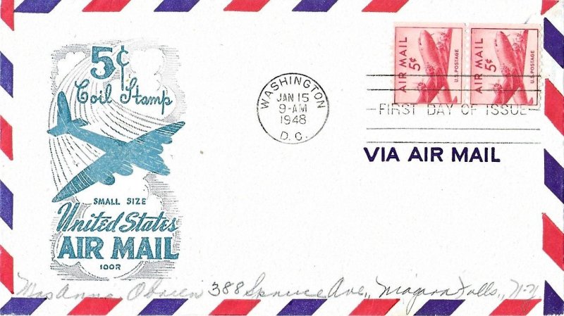 1948 Air Mail FDC, #C37, 5c DC-4, Ioor, vertical pair