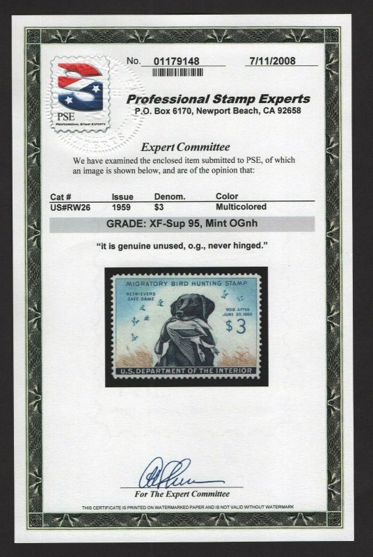 DUCK STAMP #RW26 - Mint OGnh XF-Superb-95 w/PSE Cert. SMQ $325 (LB 12/24) 