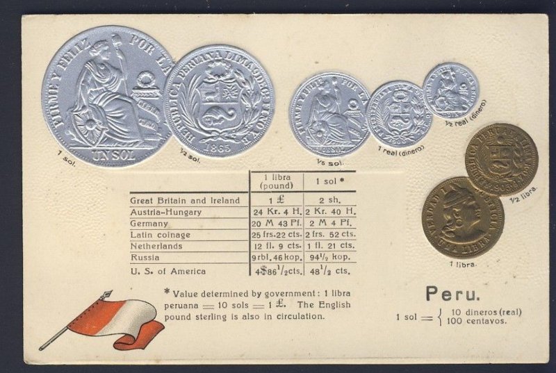 POSTAL HISTORY PERU coin card shows pictures of 7x coins POSTCARD