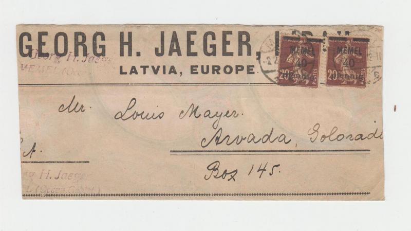 MEMEL 1922, HANDMADE WRAPPER, LATVIA TO USA, 2x40pf RATED (SEE BELOW)