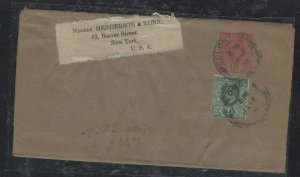 CEYLON (P0808BB) 1911  KE  6C PS WRAPPER+3C COLOMBO TO USA 