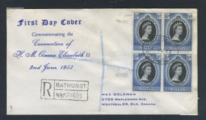 Gambia  1953 QEII Coronation block of four on First Day Cover