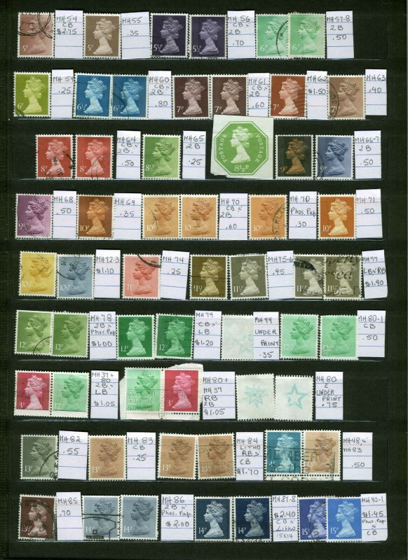 Great Britain Machin Collection In Stock Book Over 500  Stamps with ID Tags Used