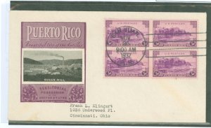 US 801 1937 3c Puerto Rico, Part of the U S Possession Series, Block of 4 on an Addressed FDC with an Ioor Cachet