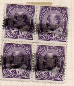 Canada Sc  95 1908 50 c purple E VII stamp block of 4 used