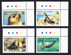 Tristan da Cunha WWF Subantarctic Fur Seal 4v Top Right Corners Traffic Lights