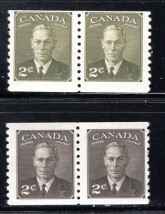 298 and 309 coil pairs, 2c King George VI with Postes / Postage MNHOG, old/new