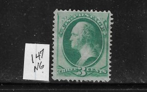 US #147 1870-71 WASHINGTON 3C (GREEN) - MINT NO GUM LIGHT HINGED