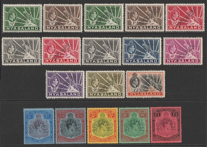 NYASALAND 1938 KGVI Leopard set ½d-£1, perf SPECIMEN. Rare genuine