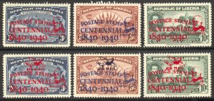 Liberia Scott 280-82,C14-16 Unused LHOG - 1941 Postage Stamp Cent Overprints