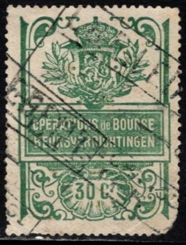 1920 Belgium Revenue 30 Centimes Stock Exchange Transaction Used