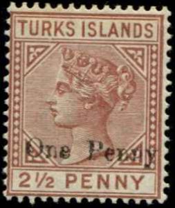 Turks Islands SC# 55 Victoria One Penny on 2-1/2p mint no gum