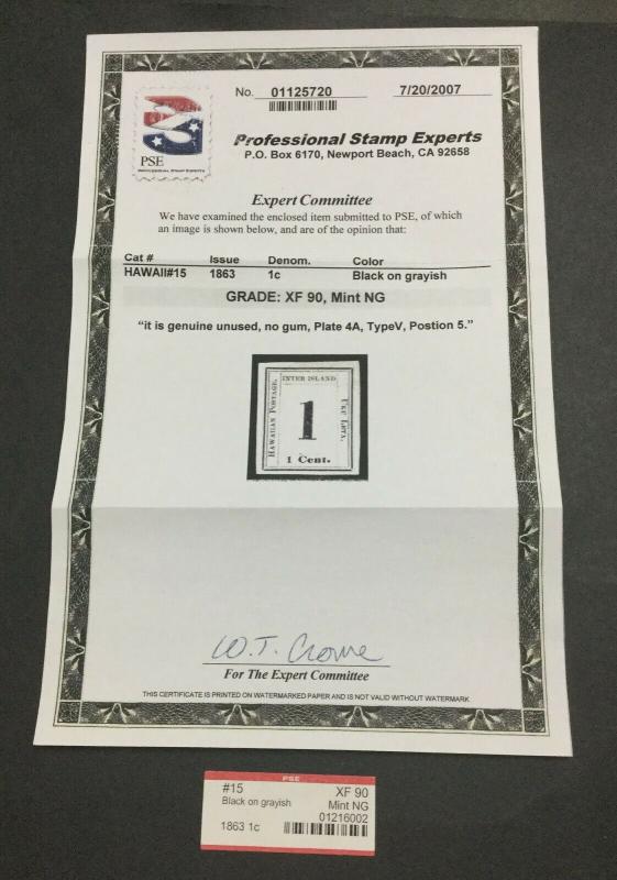 MOMEN: US STAMPS HAWAII #15 NGAI PSE GRADED CERT XF-90 LOT #88840-1