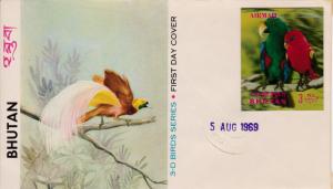 Bhutan 1969 Imperf. Litho 3D Bird Series 3nu Macaws First Day Cover