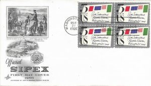 1966 FDC, #1310, 5c SIPEX, Art Craft, block of 4