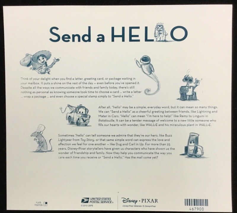 4553-4557  Pixar Films: Send a Hello   MNH  Forever sheet 20  FV $11.00  In 2011