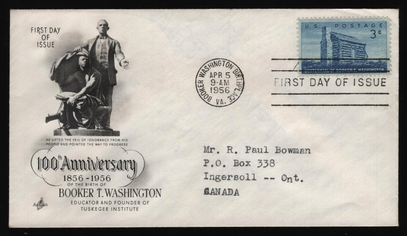 #1074 3c Booker T Washington, Art Craft-To Canada FDC **ANY 5=FREE SHIPPING**