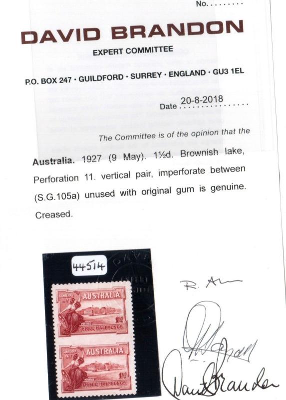 Australia #94a (SG #105a) Extra Fine Mint Imperf Between Pair **With Cert.**