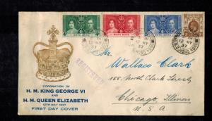 1937 Hong Kong First Day Cover FDC to USA King George 6 KGVI Coronation