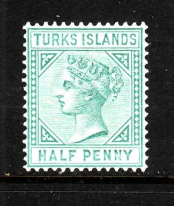 Turks Is.-Sc#48a-unused hinged QV-1/2p blue green-1882-scanner has brightened th