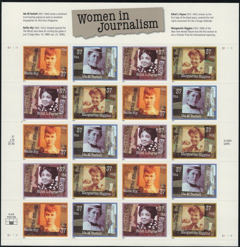 US Scott 3668a Full Sheet Women in Journalism! MNH!