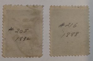 Scott Stamp# 205 & 216 - Garfield. Used.  Free USPS Shipping.