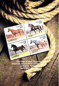 USPS 1st Day Ceremony Program #2155-58 C1 American Horses Block/4 1985