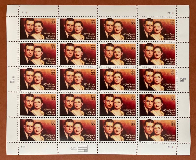 Scott 3287 LUNT & FONTANNE Sheet of 20 US 33¢ Stamps MNH 1999