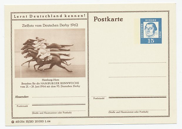 Postcard Germany 1964 Hamburger race week - Horse racing