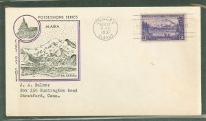 US 800 1937 3c Alaska (part of the US Possessions series) single on an addressed first day cover with a Fidelity cachet.