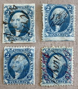 US R5 / Lot of 4 Blue 2c GW Bank Check Revenue Stamps, R5a, (2) R5b, R5c, Used