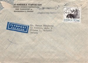 1970 AIRMAIL COVER FROM SWEDEN AMERICAN FOUNDATION TO OTTAWA CANADA SINGLE STAMP