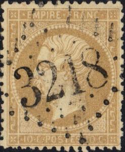 FRANCE - Yv.21 10c bistre obl. GC 3218 (Roubaix - frappe superbe)