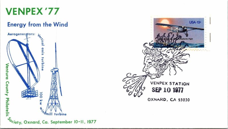 ENERGY FROM THE WIND AEROGENERATORS CACHET EVENT COVER AT VENPEX OXNARD CA 1977